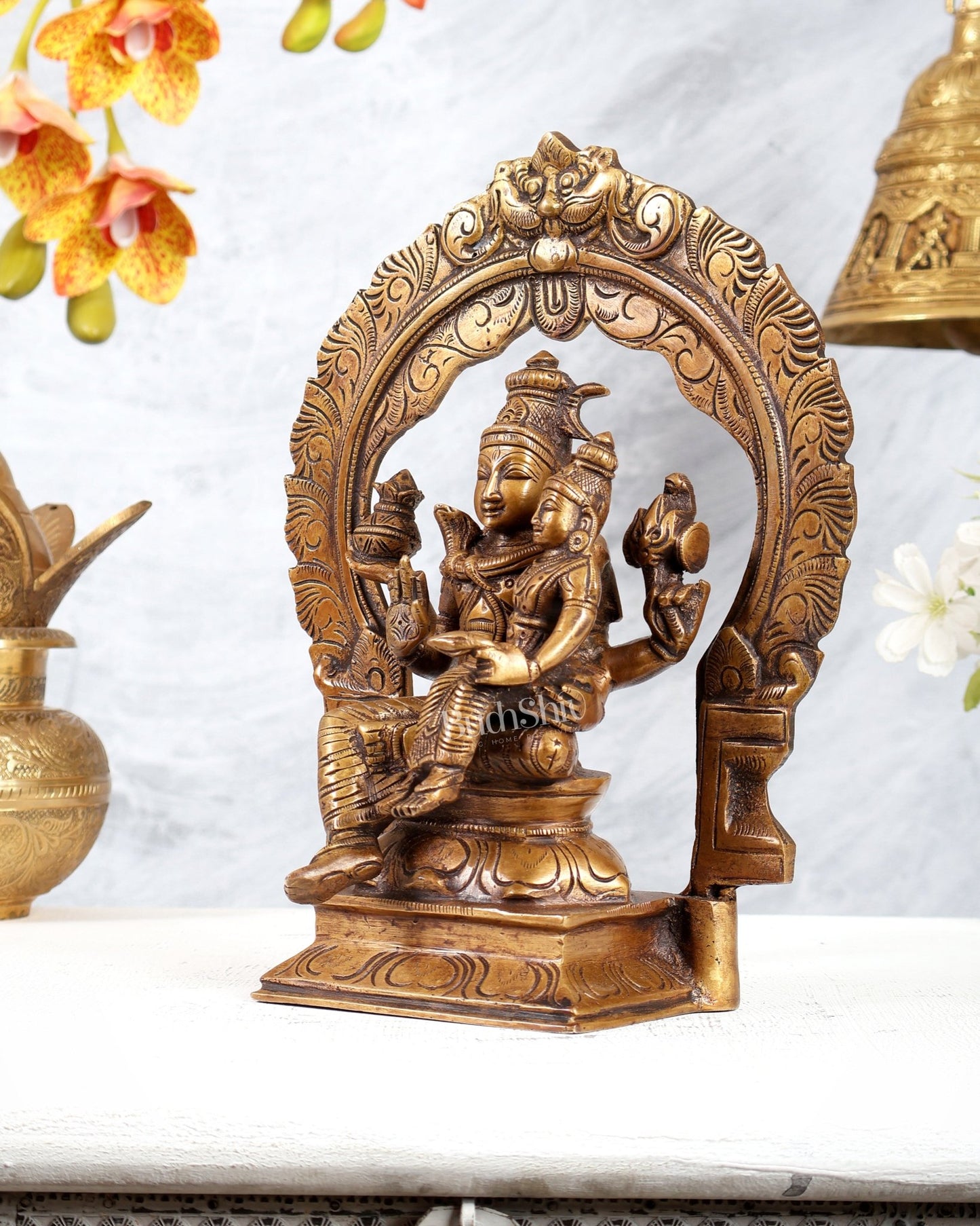 Brass Swarnakarshana Bhairava Shiva Parvati Idol 10 inch burnt gold finish - Budhshiv.com