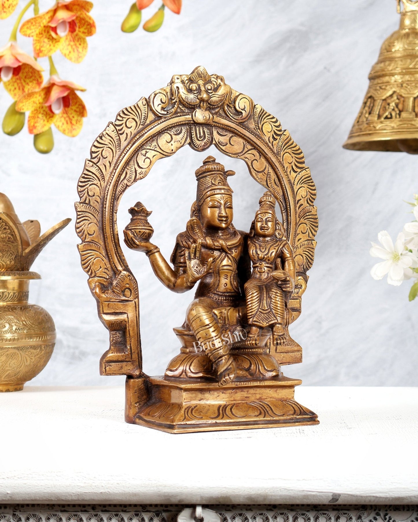 Brass Swarnakarshana Bhairava Shiva Parvati Idol 10 inch burnt gold finish - Budhshiv.com
