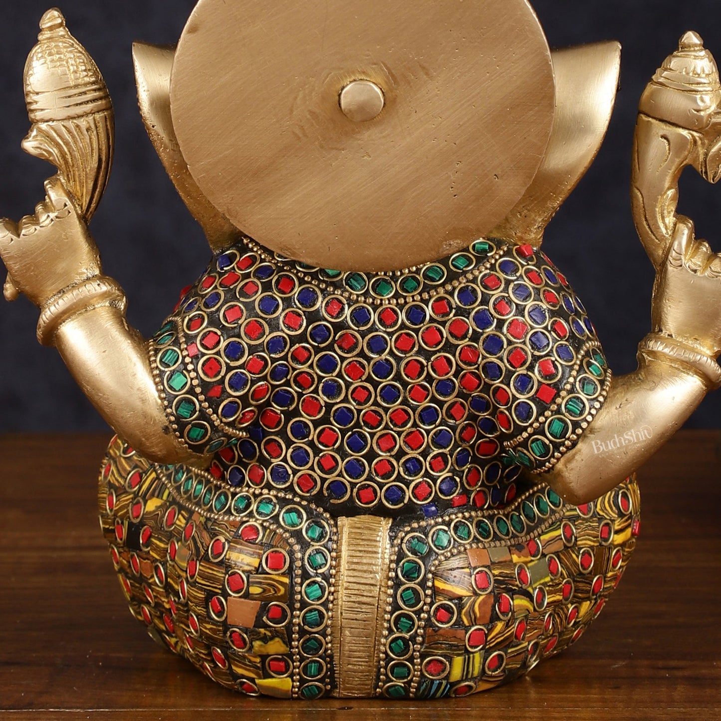 Brass Taj Ganesha Idol with Stonework - 8" Height, Divine Artistry - Budhshiv.com