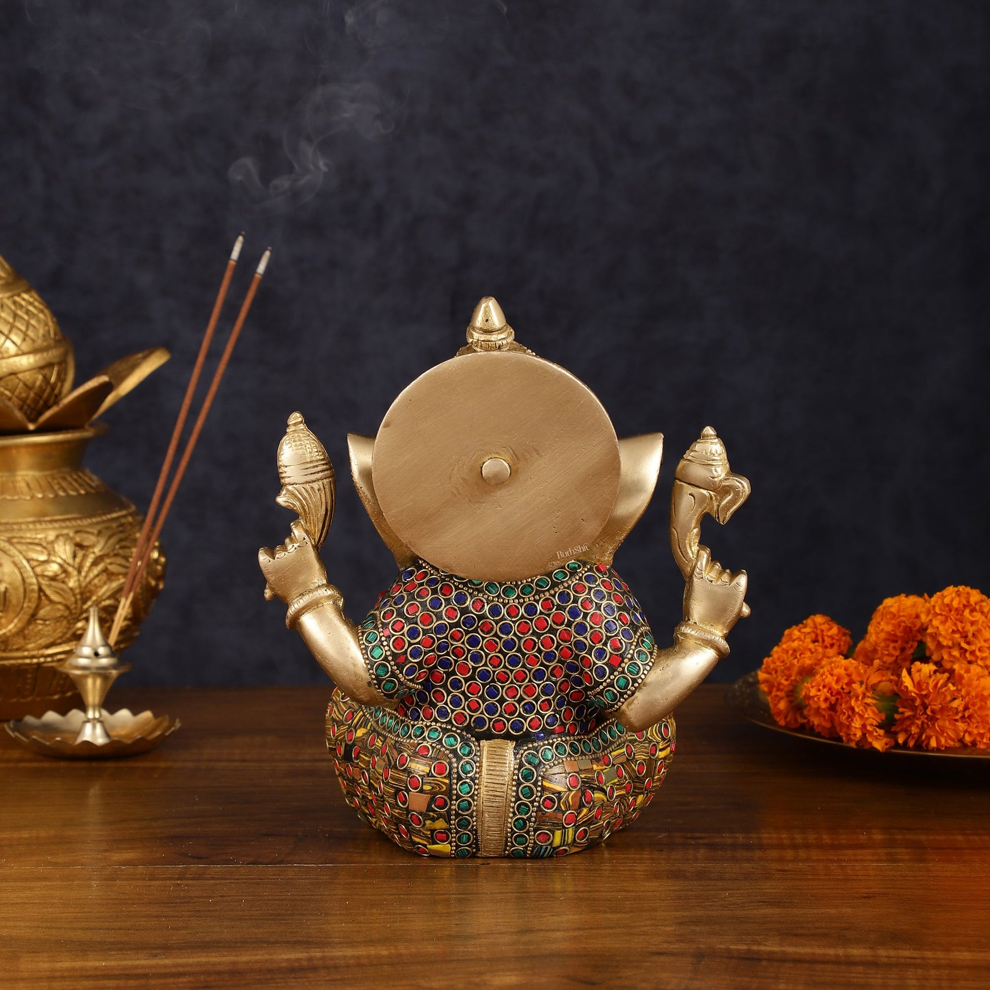 Brass Taj Ganesha Idol with Stonework - 8" Height, Divine Artistry - Budhshiv.com