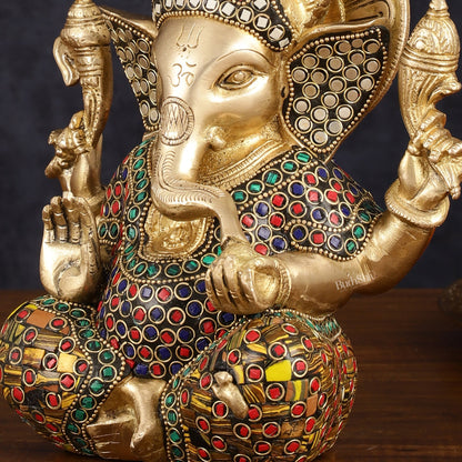 Brass Taj Ganesha Idol with Stonework - 8" Height, Divine Artistry - Budhshiv.com
