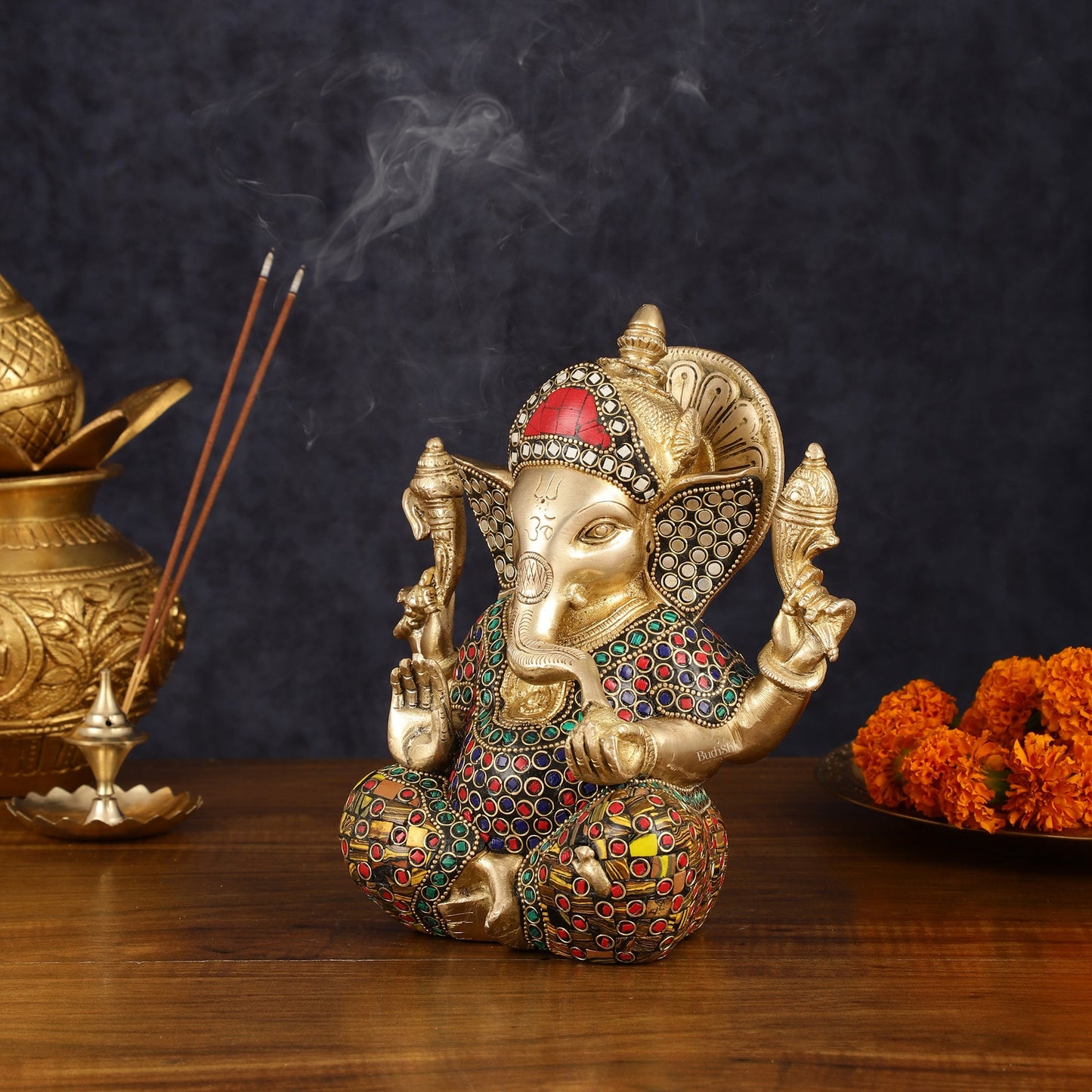 Brass Taj Ganesha Idol with Stonework - 8" Height, Divine Artistry - Budhshiv.com