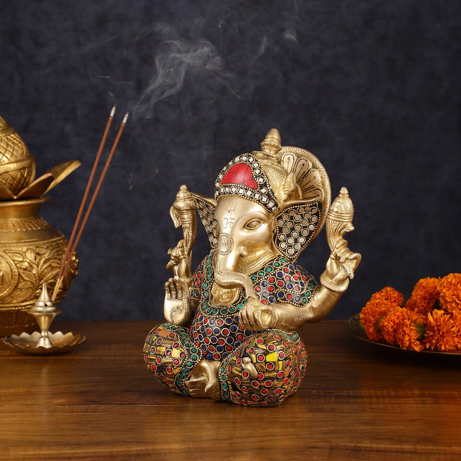Brass Taj Ganesha Idol with Stonework - 8" Height, Divine Artistry - Budhshiv.com