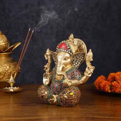 Brass Taj Ganesha Idol with Stonework - 8" Height, Divine Artistry - Budhshiv.com