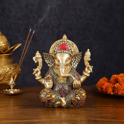Brass Taj Ganesha Idol with Stonework - 8" Height, Divine Artistry - Budhshiv.com
