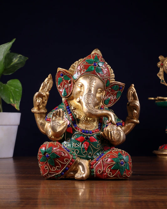 Brass Taj Ganesha Idol with Stonework | Height 7 inch - Budhshiv.com
