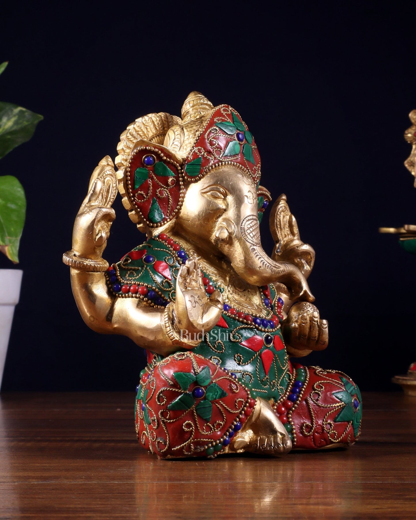 Brass Taj Ganesha Idol with Stonework | Height 7 inch - Budhshiv.com
