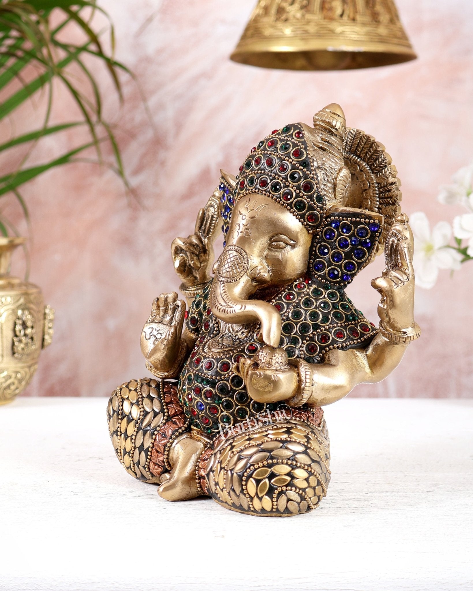 Brass Taj Ganesha with jewels Idol | Height 7 inch - Budhshiv.com