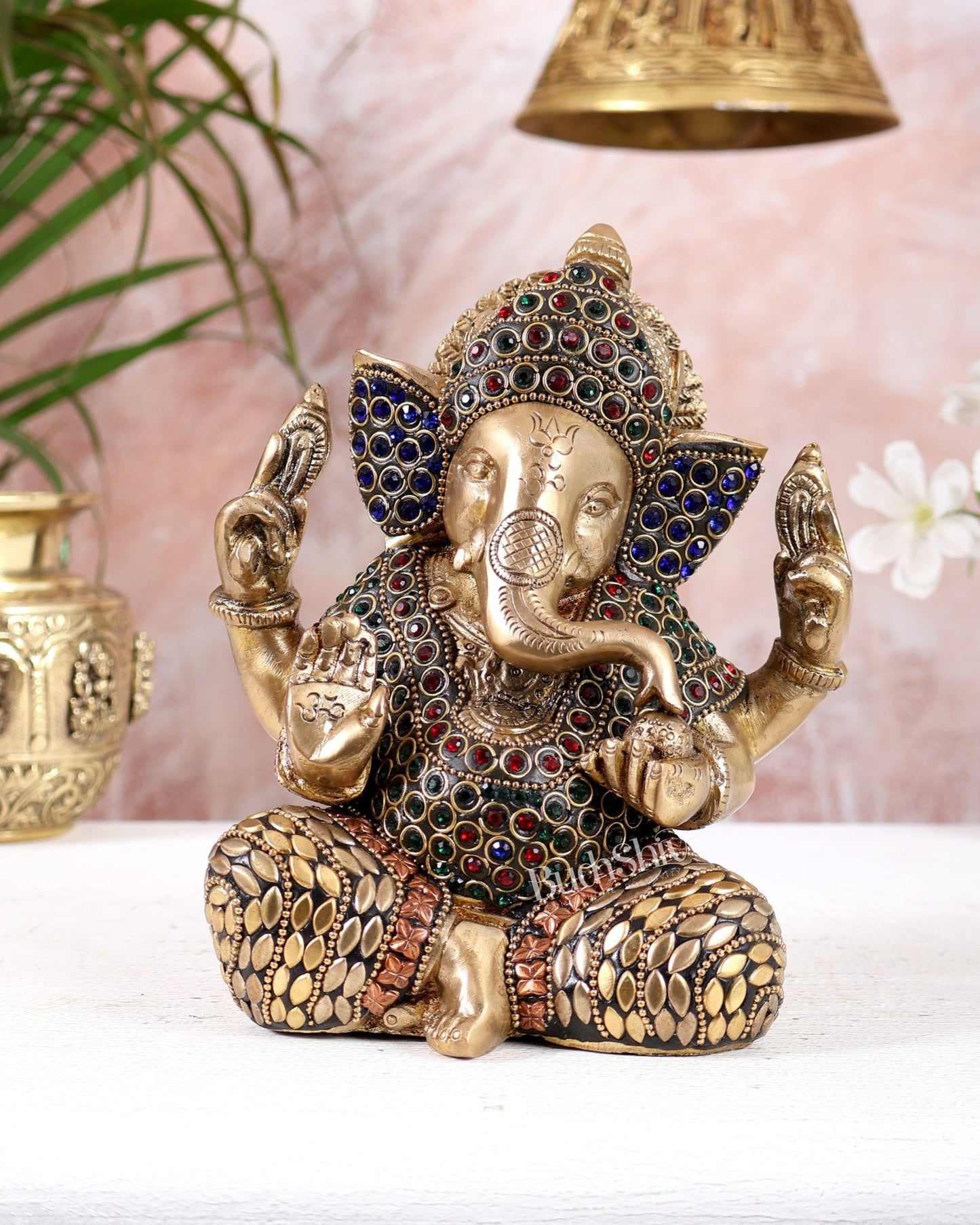 Brass Taj Ganesha with jewels Idol | Height 7 inch - Budhshiv.com