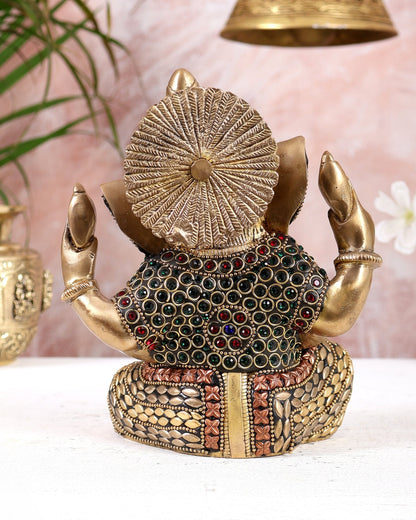 Brass Taj Ganesha with jewels Idol | Height 7 inch - Budhshiv.com