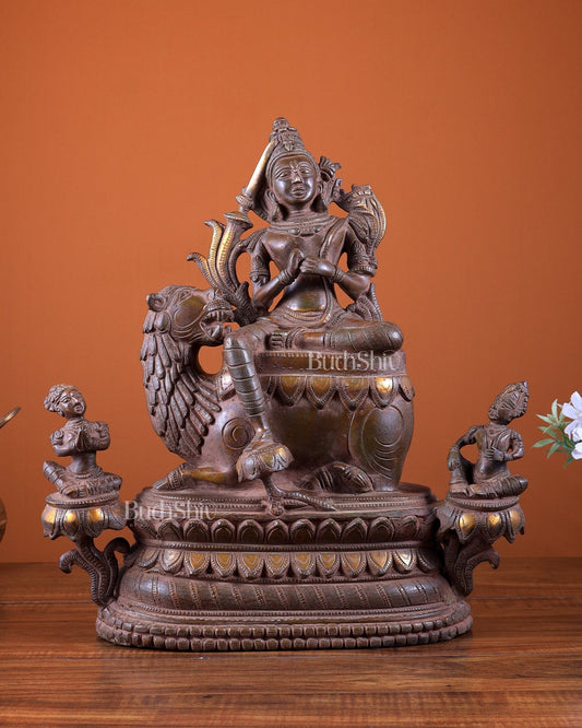 Brass Tara Devi Seated on a Lion Idol 16 inch bronze tone - Budhshiv.com