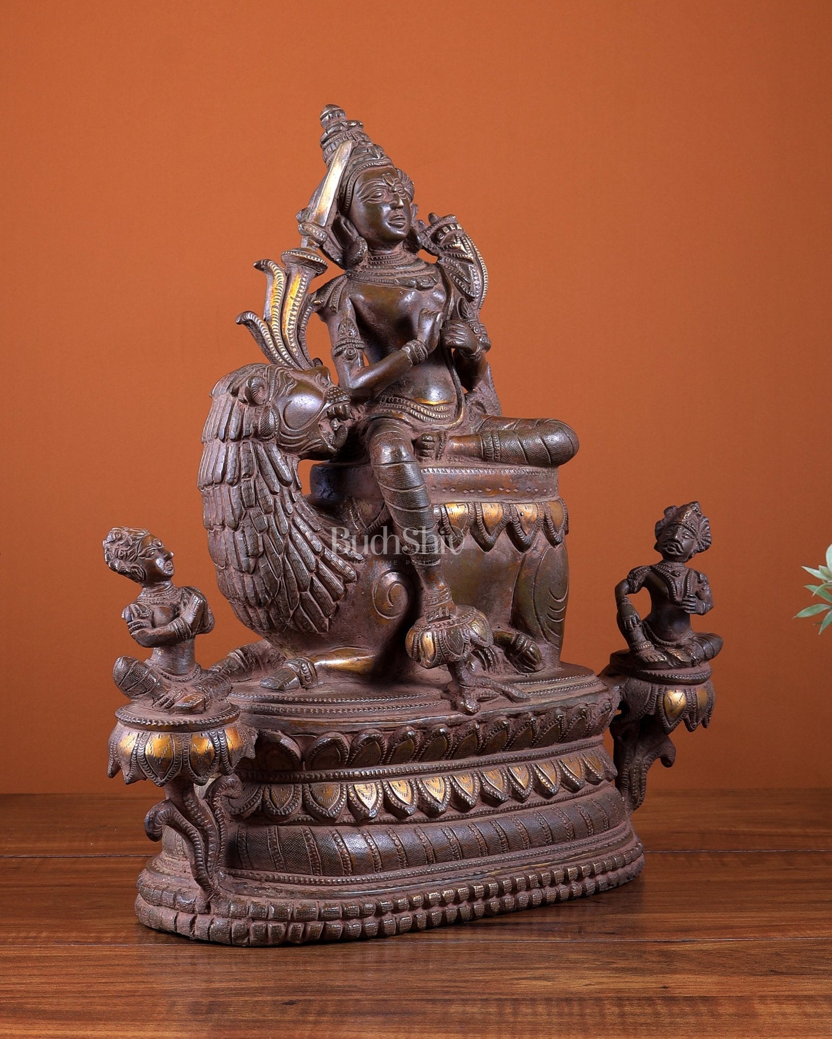 Brass Tara Devi Seated on a Lion Idol 16 inch bronze tone - Budhshiv.com