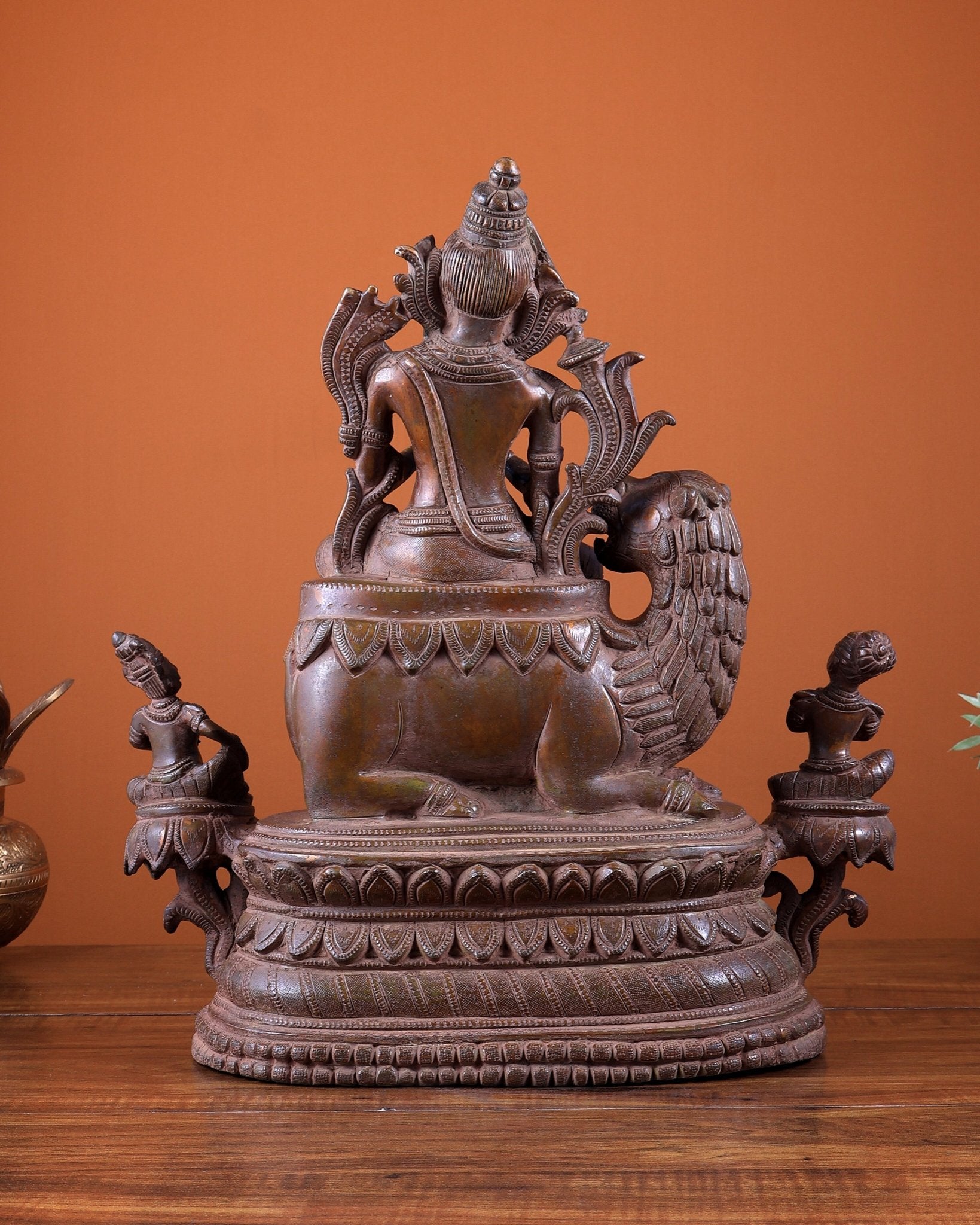 Brass Tara Devi Seated on a Lion Idol 16 inch bronze tone - Budhshiv.com