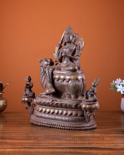 Brass Tara Devi Seated on a Lion Idol 16 inch bronze tone - Budhshiv.com