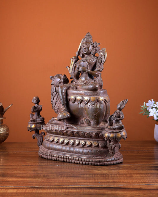 Brass Tara Devi Seated on a Lion Idol 16 inch bronze tone - Budhshiv.com