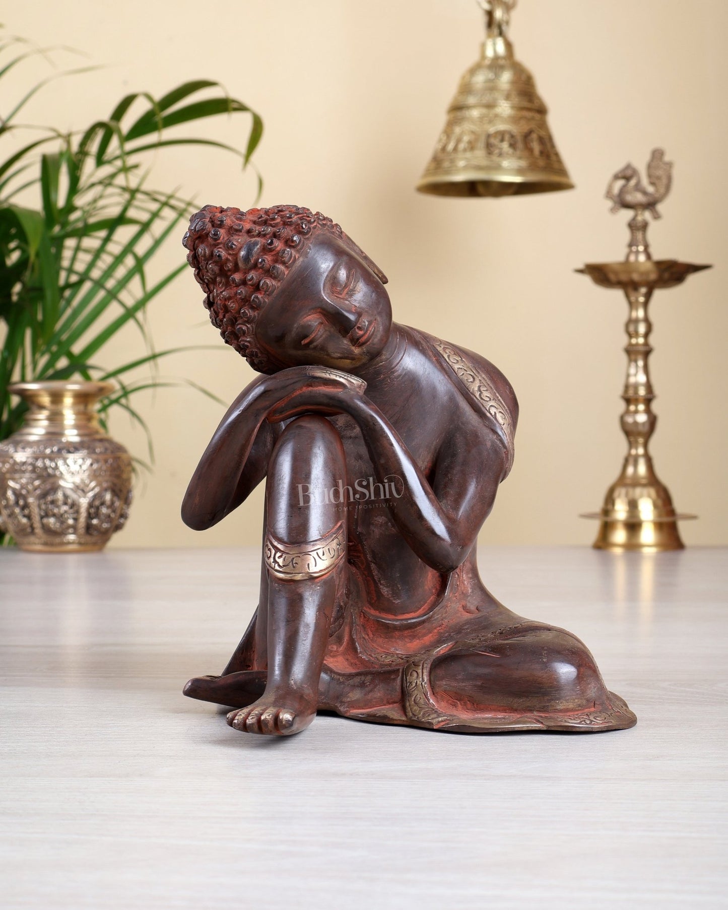 Brass Thinking Buddha Statue – Red Sand Patina Vintage Finish | 18 cm/7 inch - Budhshiv.com