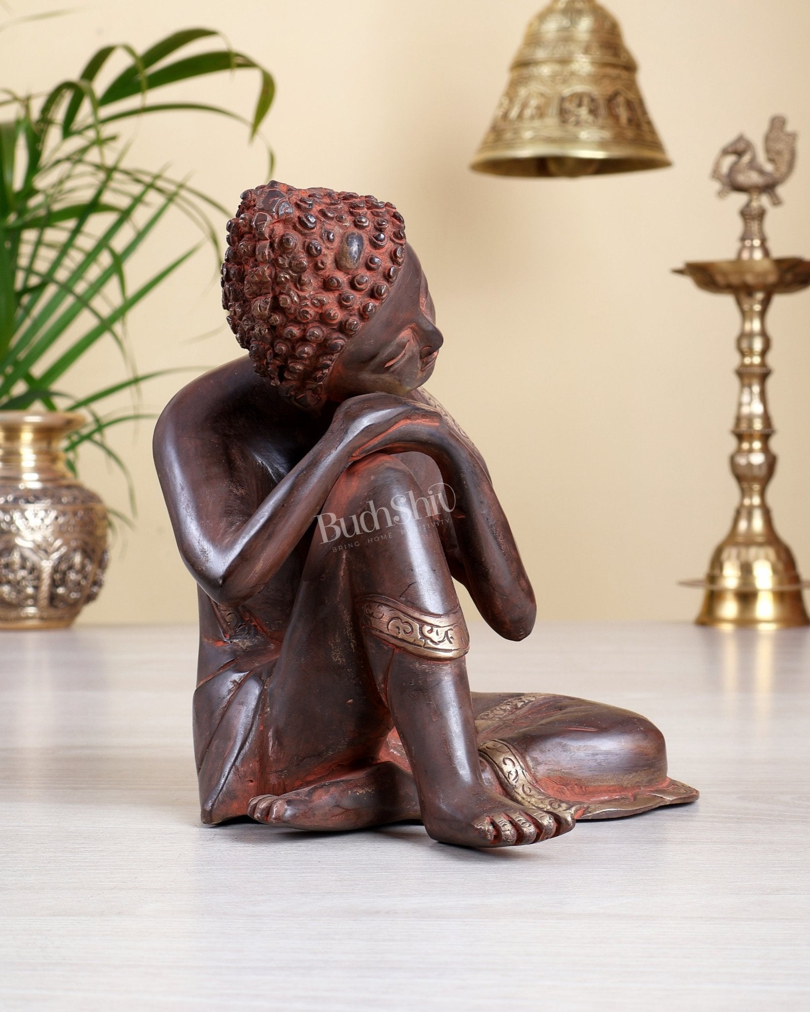 Brass Thinking Buddha Statue – Red Sand Patina Vintage Finish | 18 cm/7 inch - Budhshiv.com