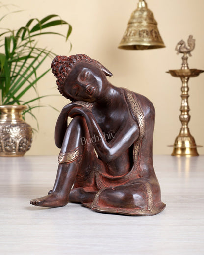Brass Thinking Buddha Statue – Red Sand Patina Vintage Finish | 18 cm/7 inch - Budhshiv.com