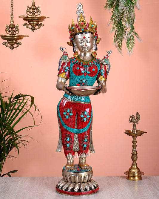 Brass Tibetan Deep Lady Statue – Welcome Lady with stonework 30.5" - Budhshiv.com