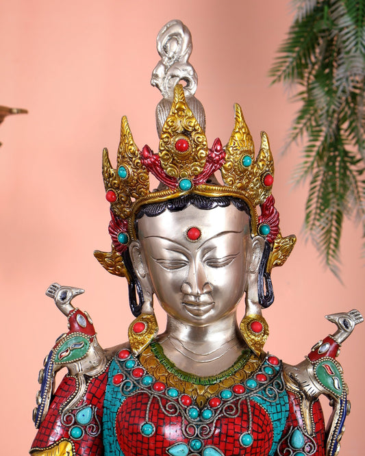 Brass Tibetan Deep Lady Statue – Welcome Lady with stonework 30.5" - Budhshiv.com