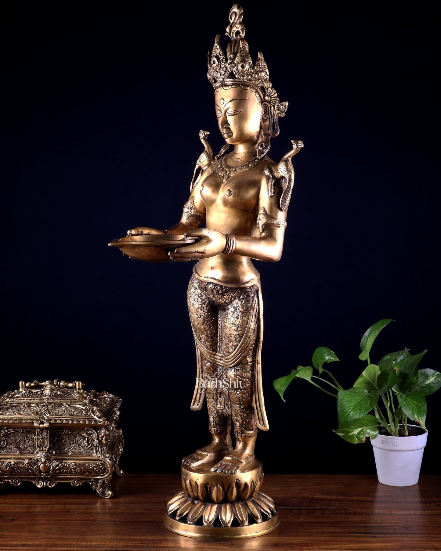 Brass Tibetan Deep Lakshmi Statue – Welcome Lady for Home Entrances | 30.5" - Budhshiv.com