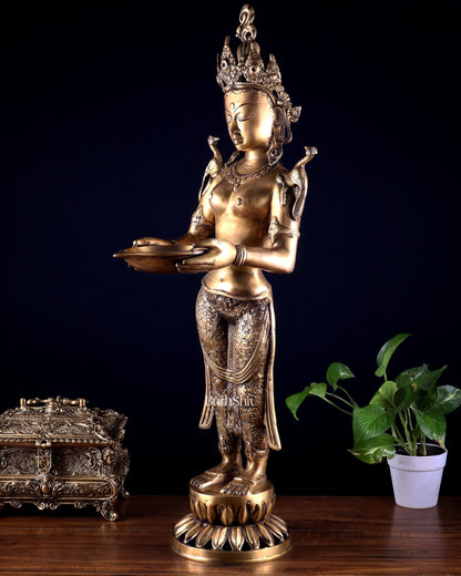 Brass Tibetan Deep Lakshmi Statue – Welcome Lady for Home Entrances | 30.5" - Budhshiv.com