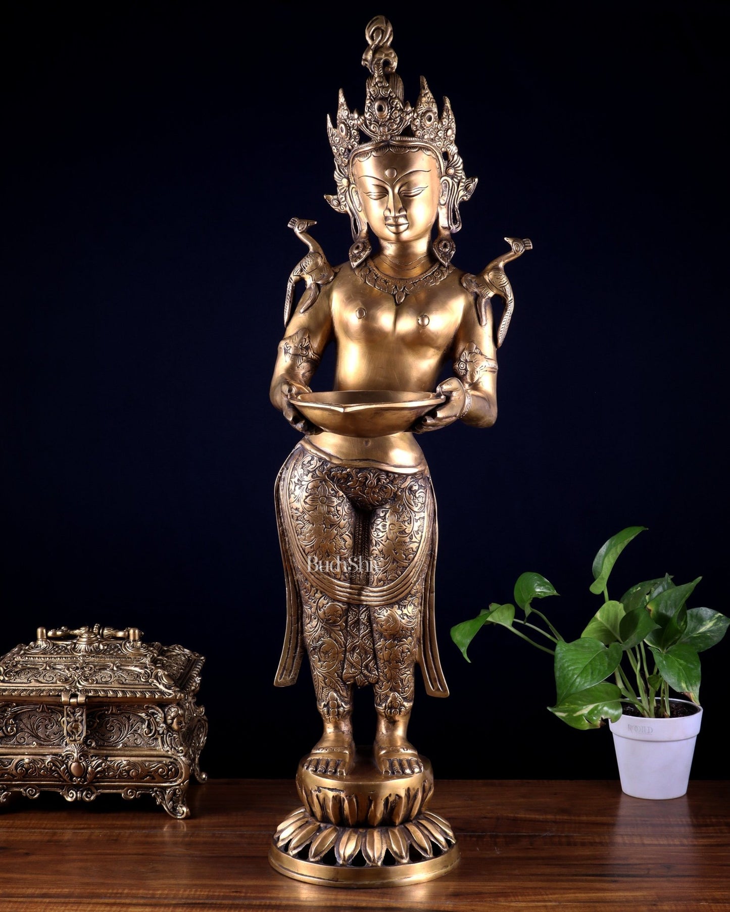 Brass Tibetan Deep Lakshmi Statue – Welcome Lady for Home Entrances | 30.5" - Budhshiv.com