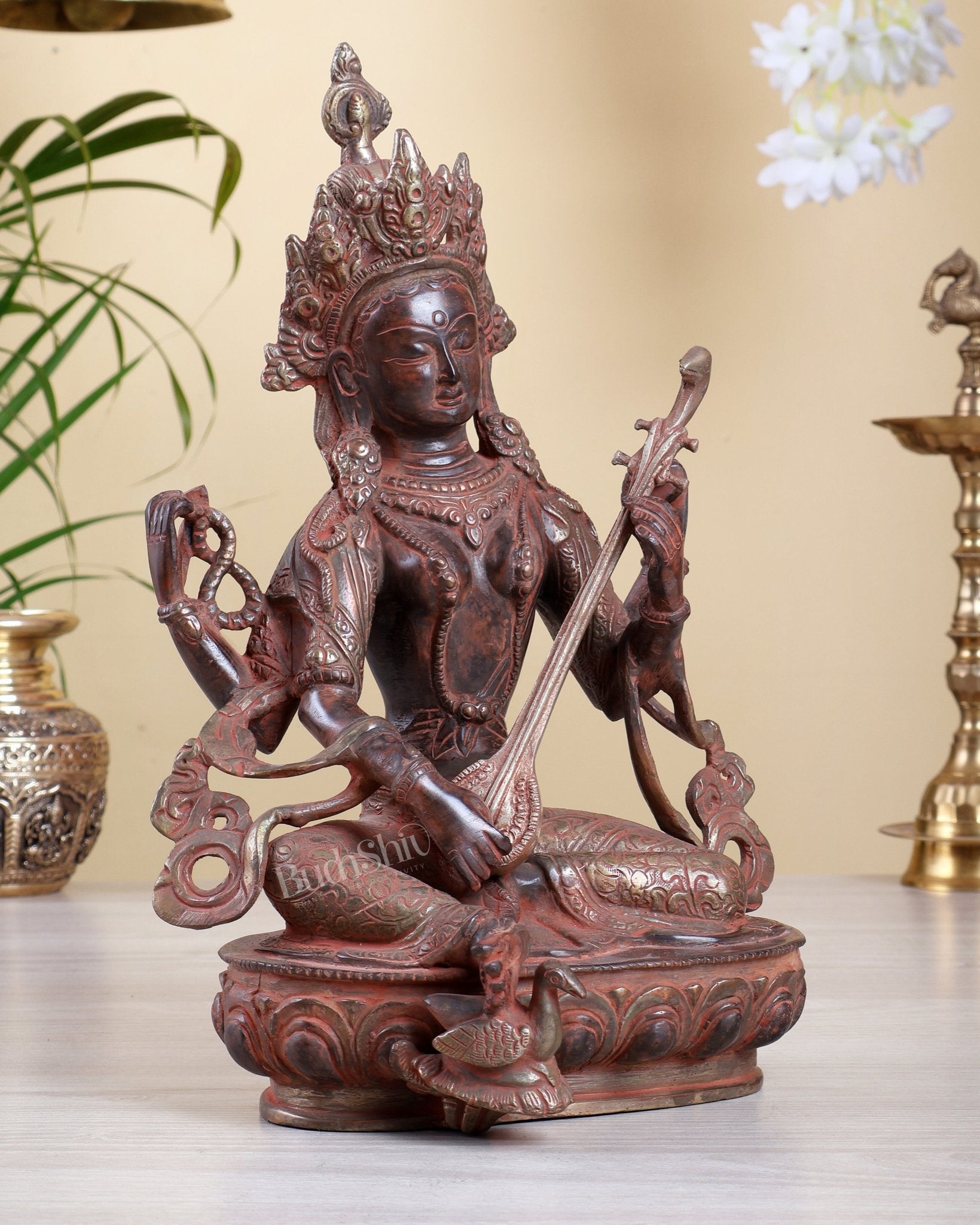 Brass Tibetan Saraswati Statue – Red Sand Finish with Silver Tone Accents 12" - Budhshiv.com