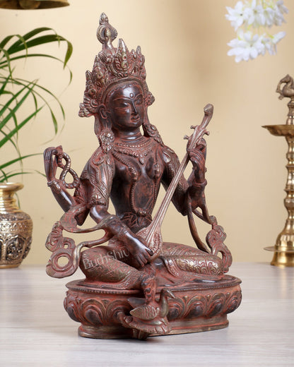 Brass Tibetan Saraswati Statue – Red Sand Finish with Silver Tone Accents 12" - Budhshiv.com