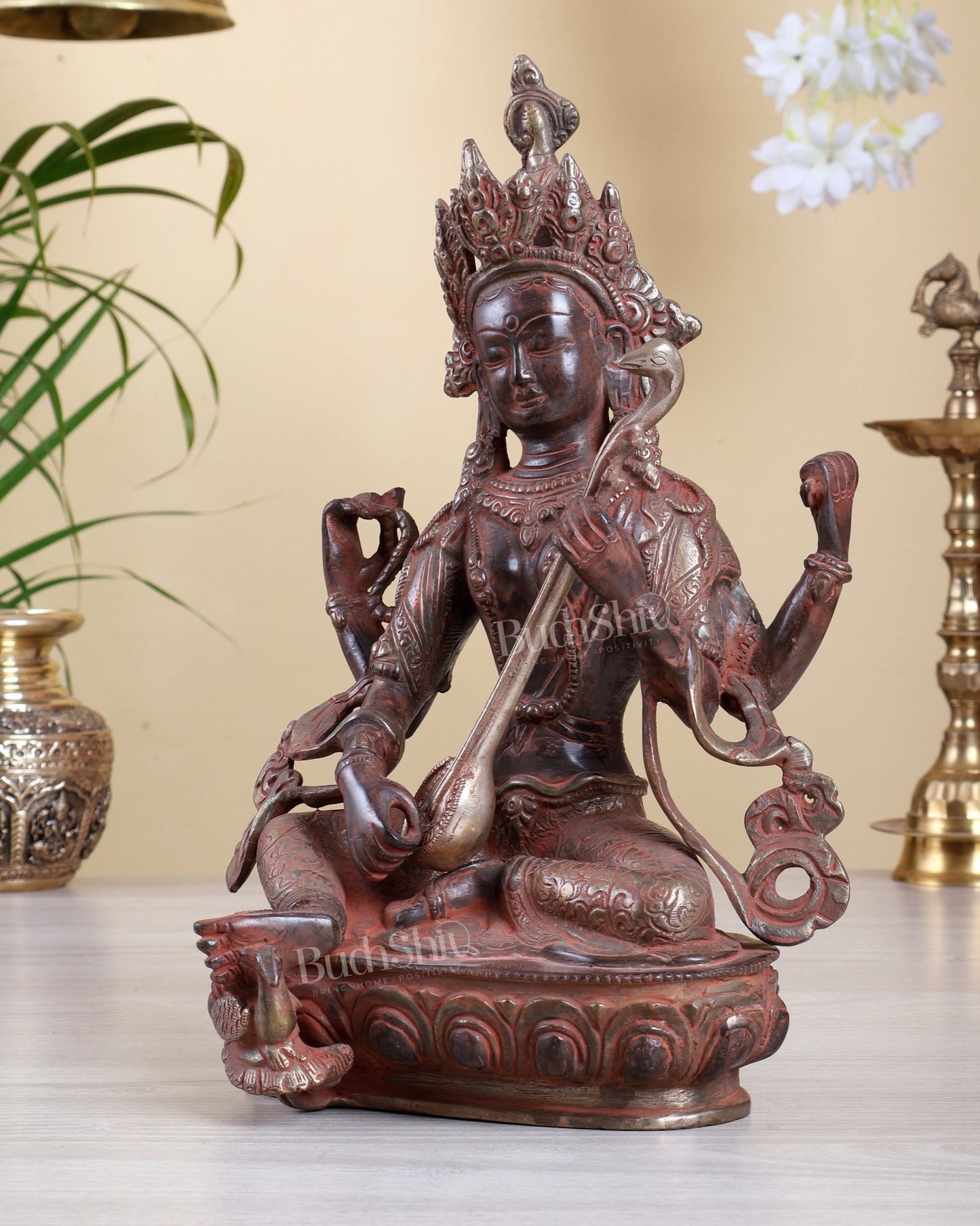 Brass Tibetan Saraswati Statue – Red Sand Finish with Silver Tone Accents 12" - Budhshiv.com