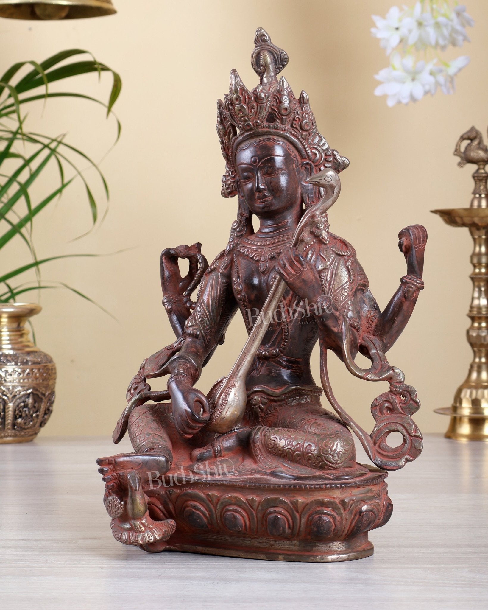 Brass Tibetan Saraswati Statue – Red Sand Finish with Silver Tone Accents 12" - Budhshiv.com