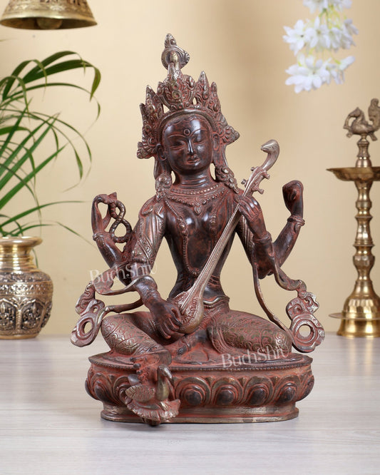 Brass Tibetan Saraswati Statue – Red Sand Finish with Silver Tone Accents 12" - Budhshiv.com