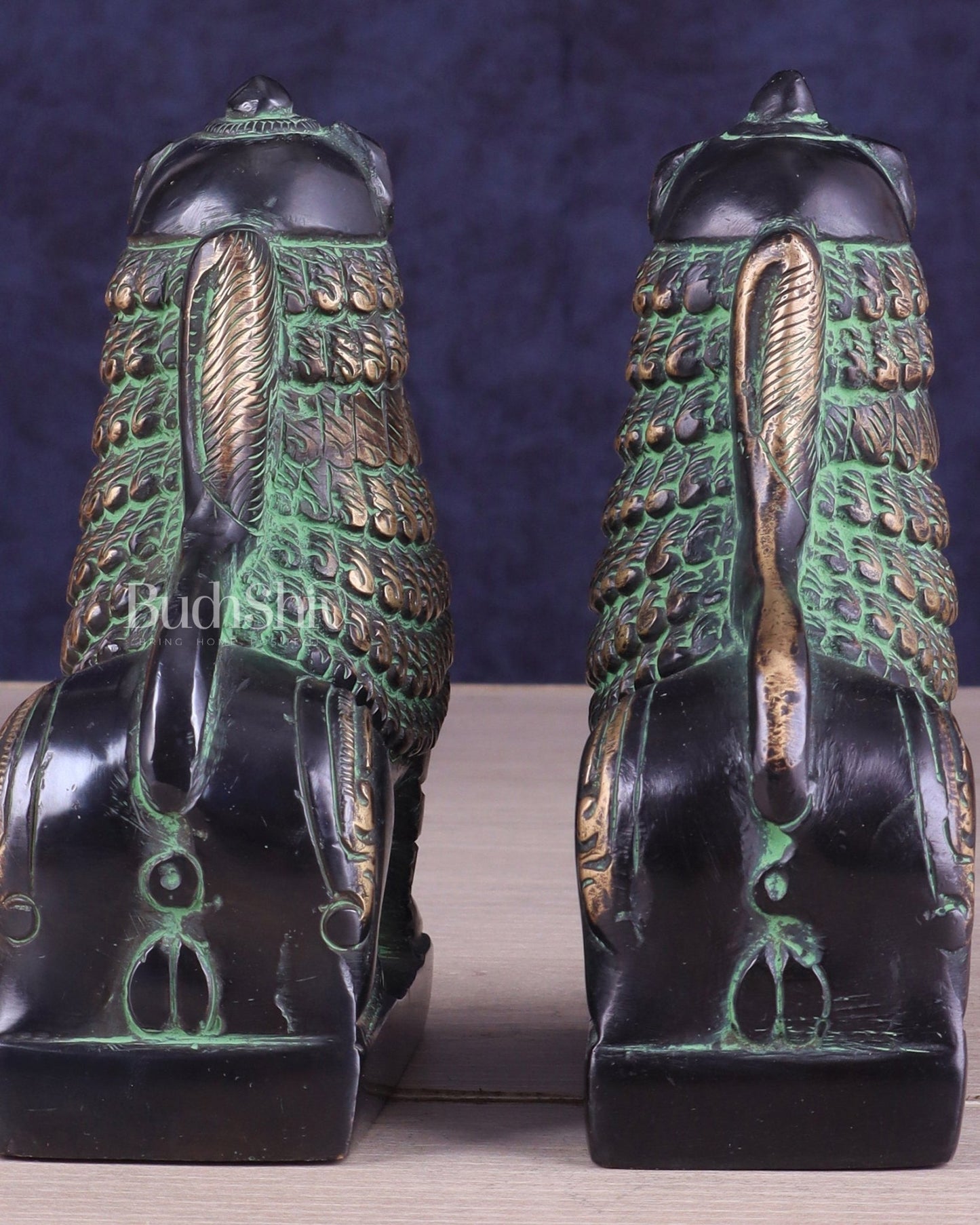 Brass Tibetan Snow Lion Pair – Antique Black & Green Finish - Budhshiv.com