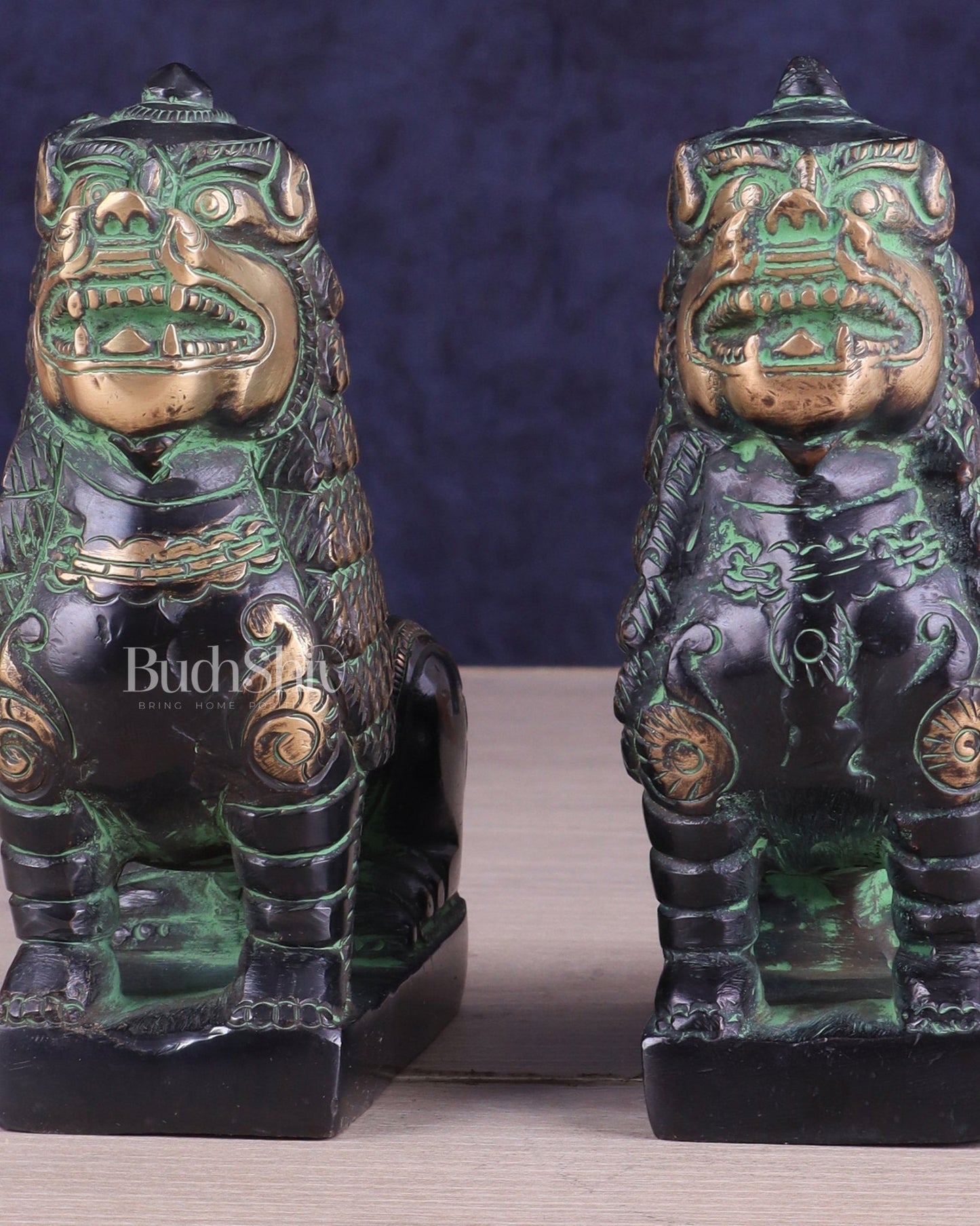 Brass Tibetan Snow Lion Pair – Antique Black & Green Finish - Budhshiv.com