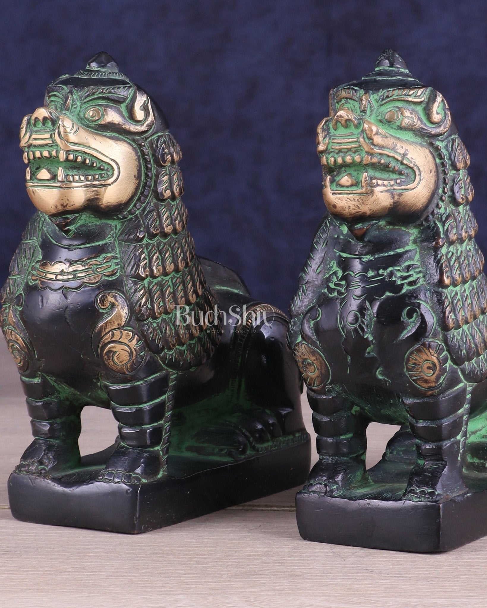 Brass Tibetan Snow Lion Pair – Antique Black & Green Finish - Budhshiv.com