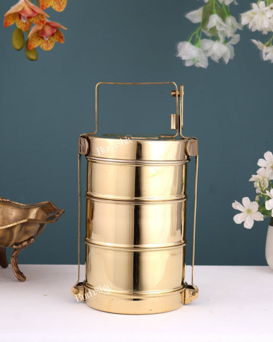 Brass Tiffin Box Traditional Indian Style – 3 Tier Lunch Carrier with Stand Lock (11 Inches) - Budhshiv.com