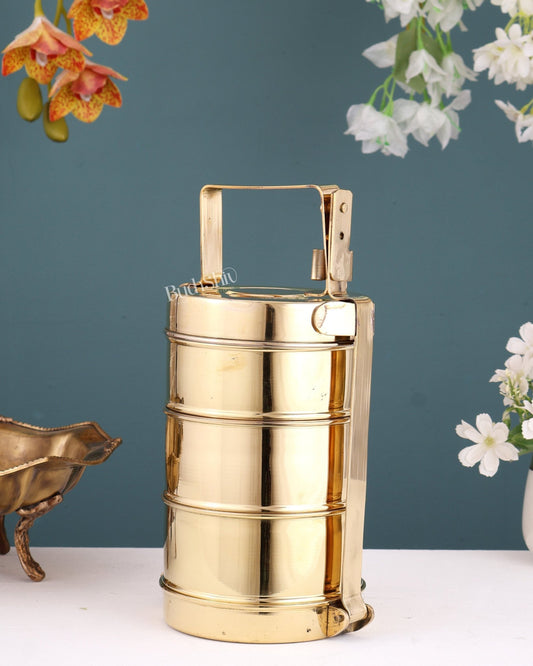 Brass Tiffin Box Traditional Indian Style – 3 Tier Lunch Carrier with Stand Lock (11 Inches) - Budhshiv.com