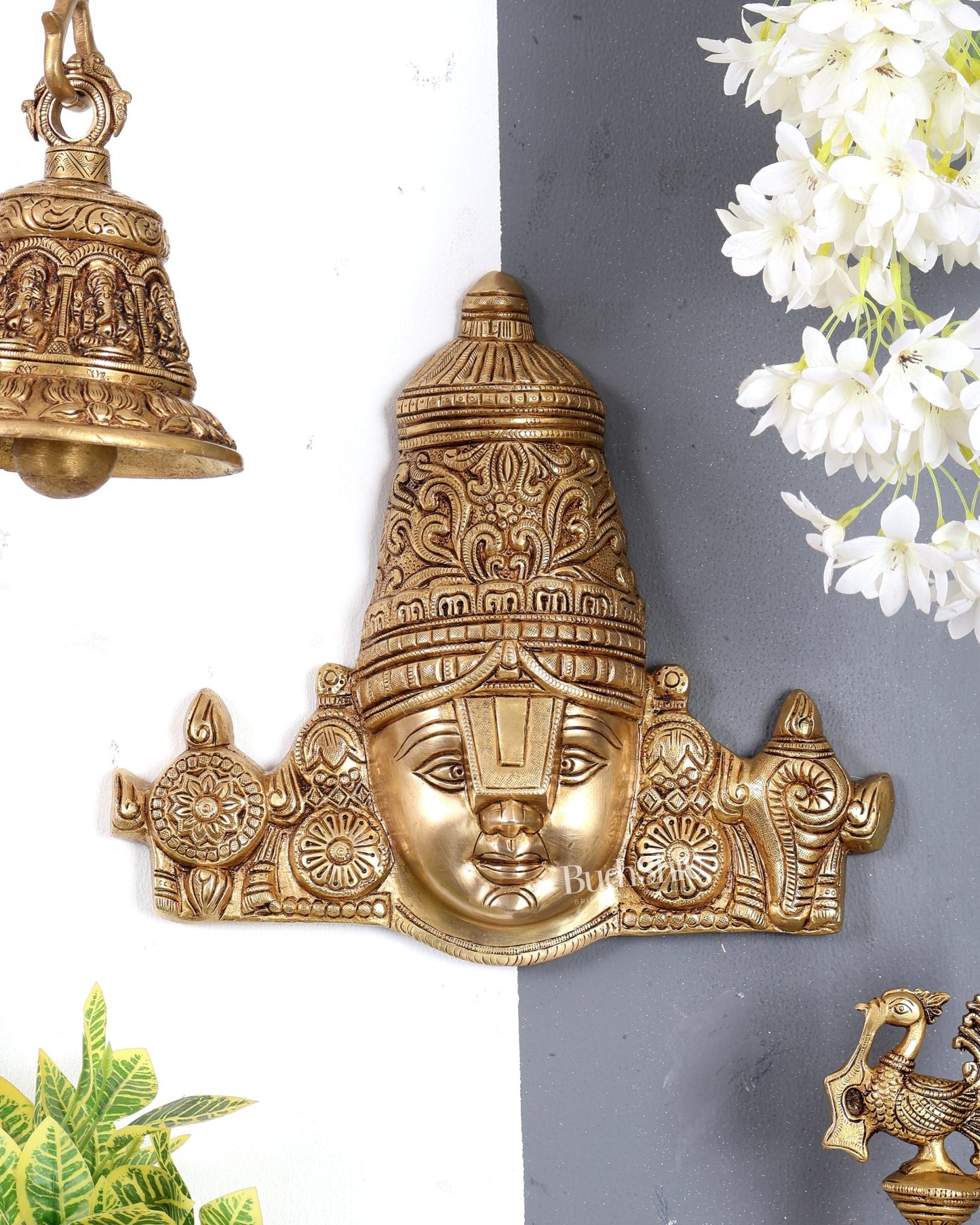Brass Tirupati Balaji Face Wall Hanging 15 inch wide - Budhshiv.com