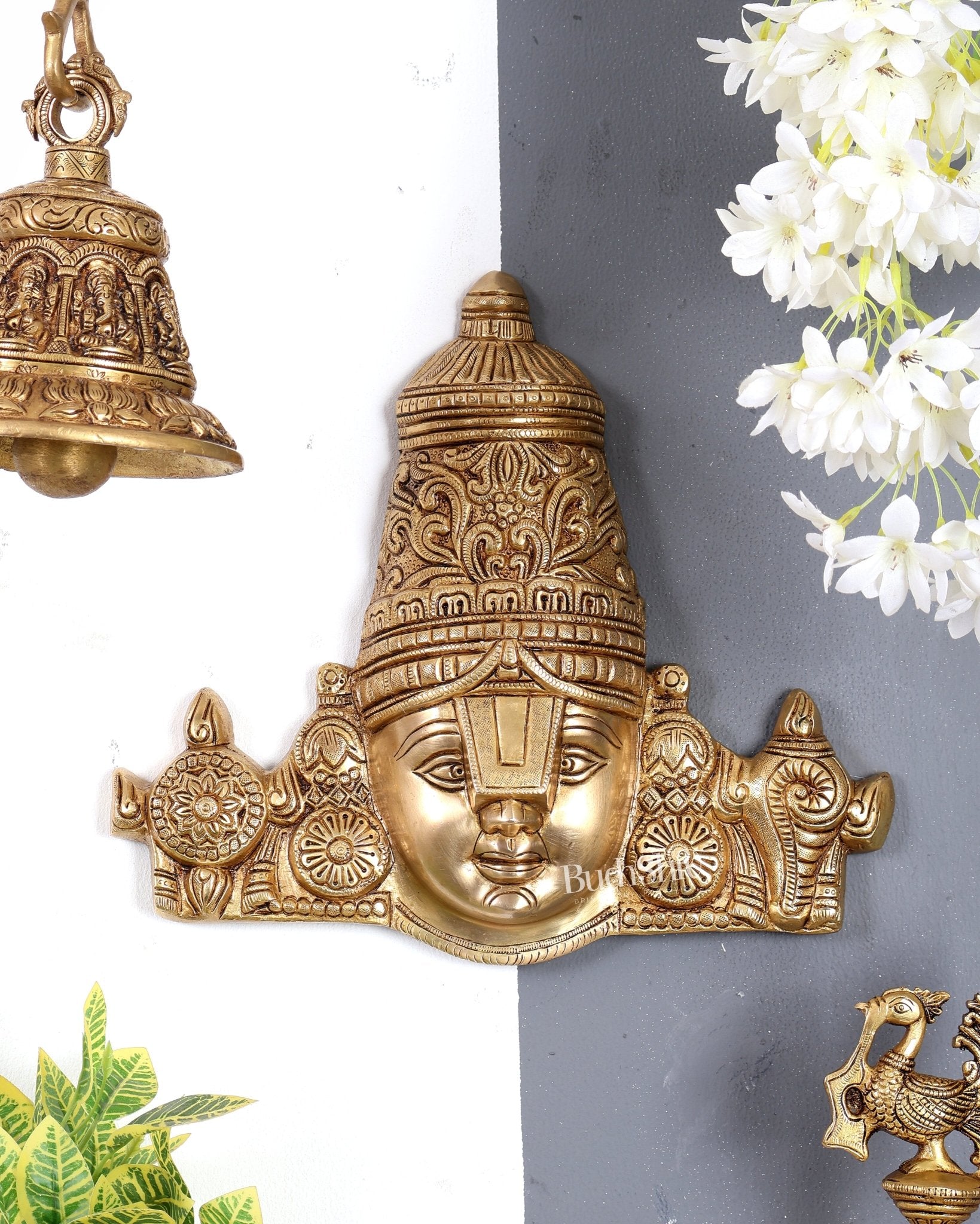 Brass Tirupati Balaji Face Wall Hanging 15 inch wide - Budhshiv.com