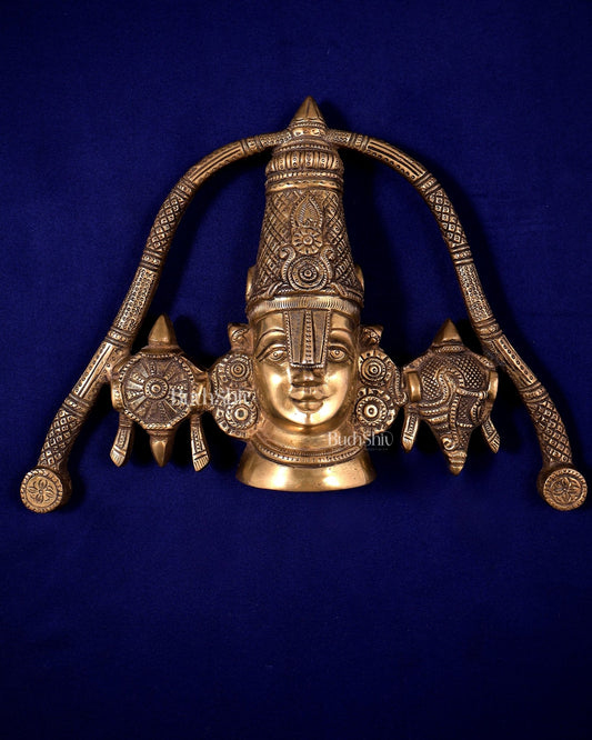 Brass Tirupati Balaji Face Wall Hanging Golden Shankh and Chakra - Budhshiv.com