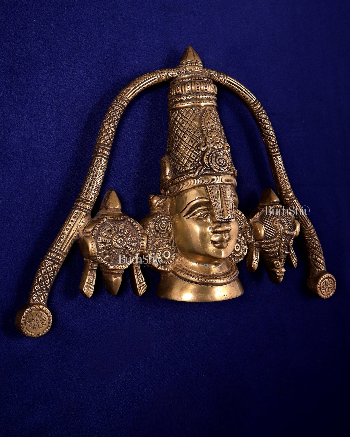 Brass Tirupati Balaji Face Wall Hanging Golden Shankh and Chakra - Budhshiv.com