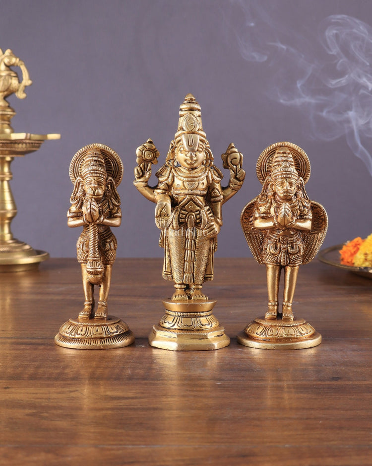 Brass Tirupati Balaji, Garuda, and Hanuman Trio – Divine Idols Set 5.5" - Budhshiv.com