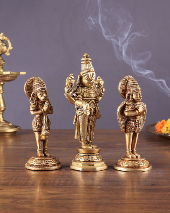 Brass Tirupati Balaji, Garuda, and Hanuman Trio – Divine Idols Set 5.5" - Budhshiv.com