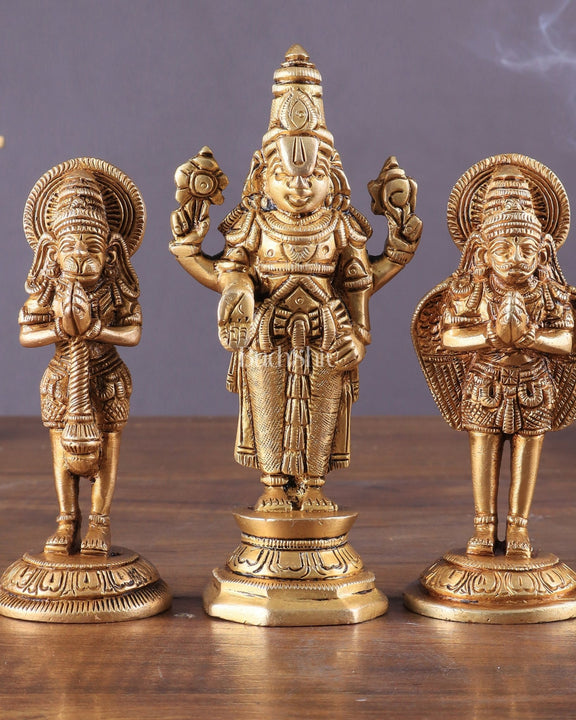 Brass Tirupati Balaji, Garuda, and Hanuman Trio – Divine Idols Set 5.5" - Budhshiv.com