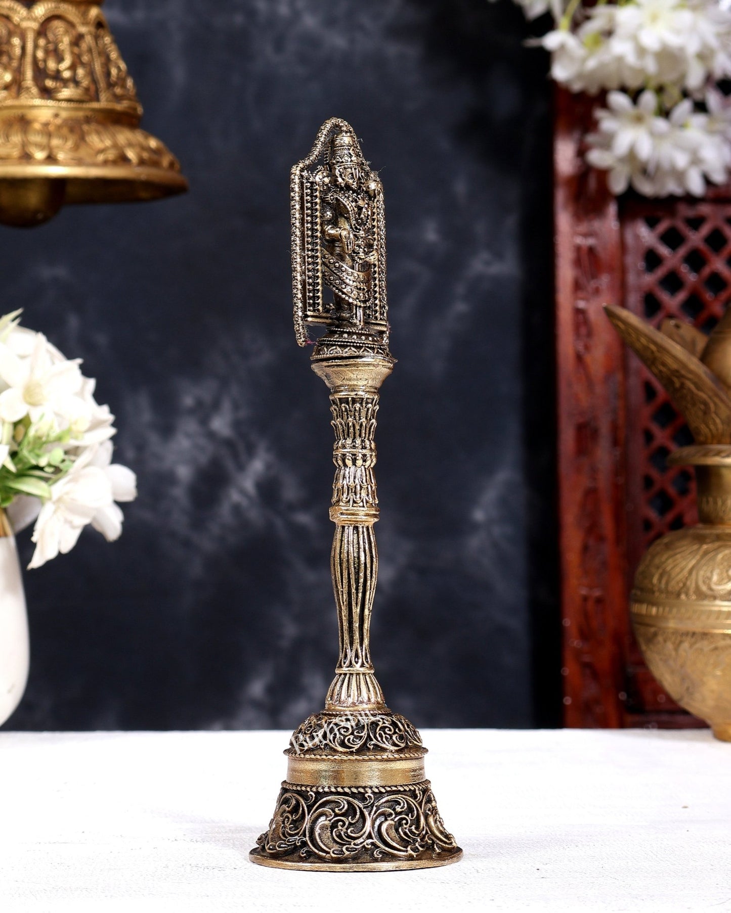 Brass Tirupati Balaji Hand Bell | Pure Brass Venkateswara Temple Bell 7 inch - Budhshiv.com
