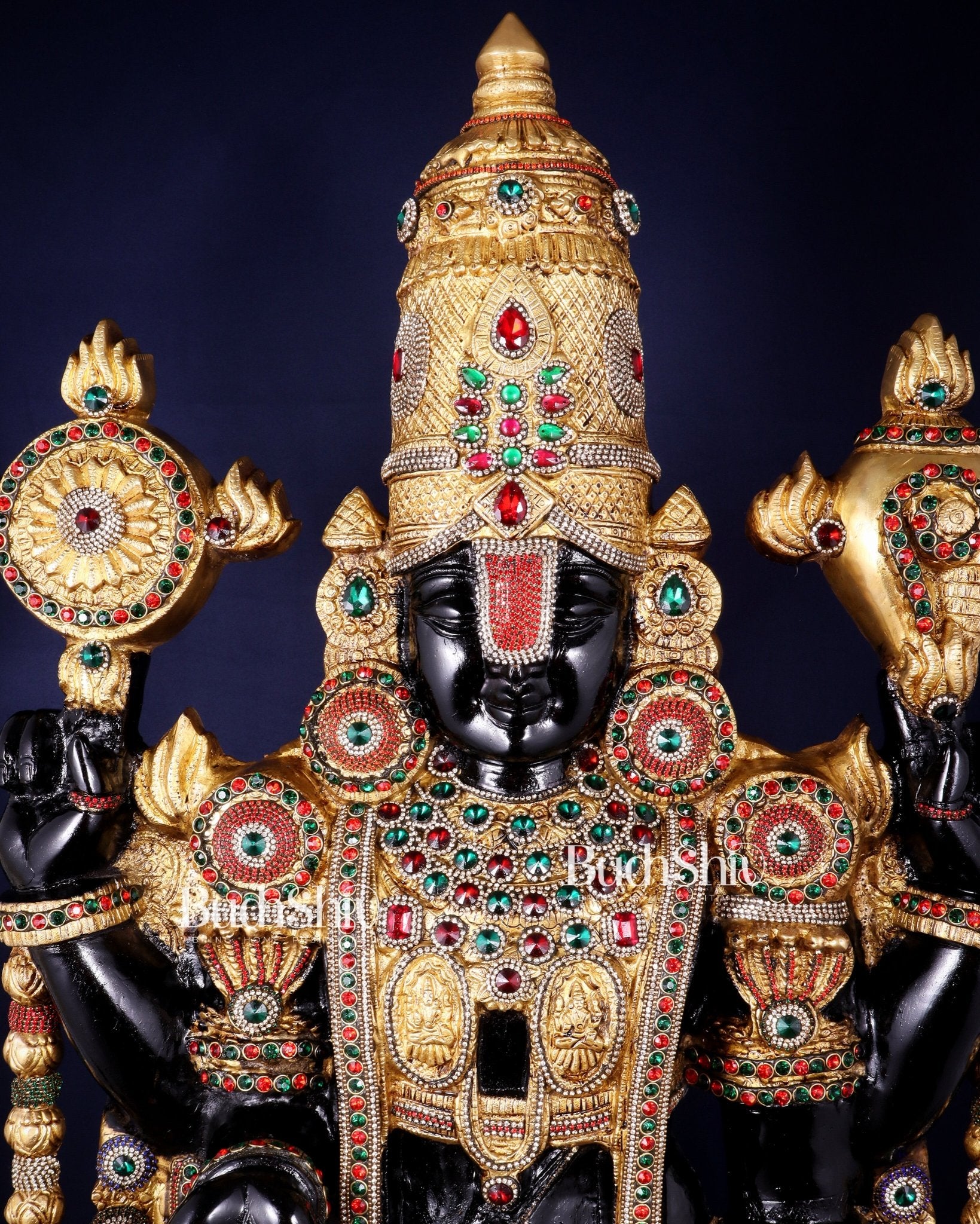 Brass Tirupati Balaji Idol 48 inch with jewellers meenakari Stonework - Budhshiv.com