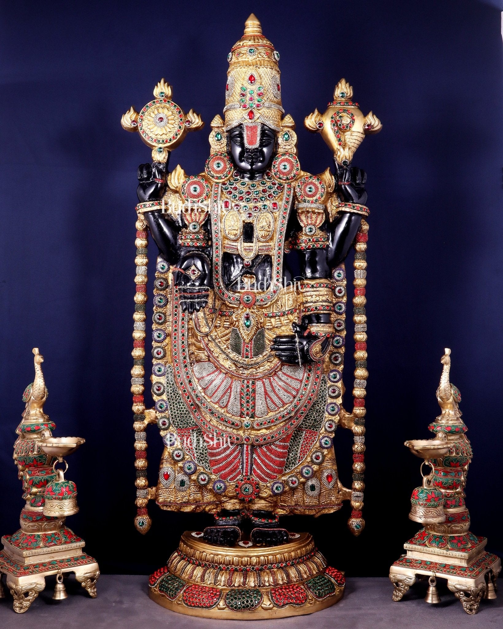 Brass Tirupati Balaji Idol 48 inch with jewellers meenakari Stonework - Budhshiv.com