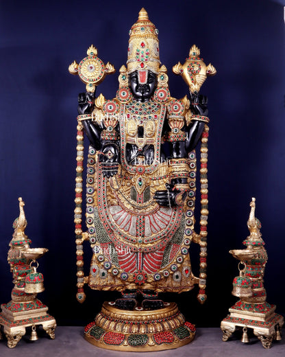 Brass Tirupati Balaji Idol 48 inch with jewellers meenakari Stonework - Budhshiv.com