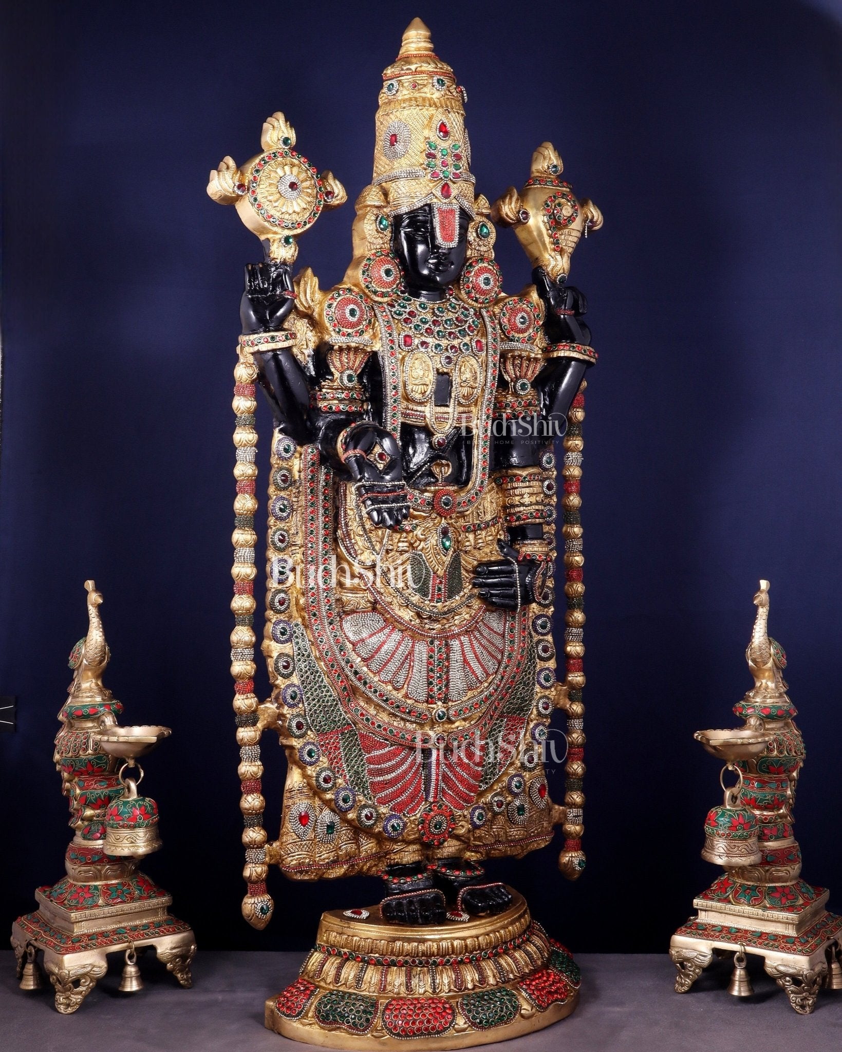 Brass Tirupati Balaji Idol 48 inch with jewellers meenakari Stonework - Budhshiv.com