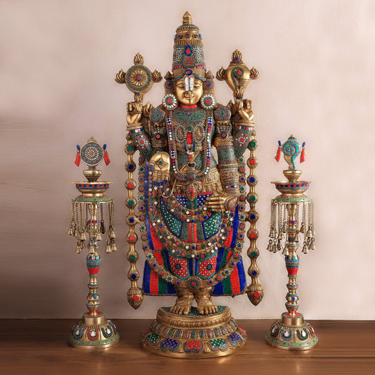 Brass Tirupati Balaji Set with Meenakari Stonework - 48" Statue & 30" Diyas - Budhshiv.com